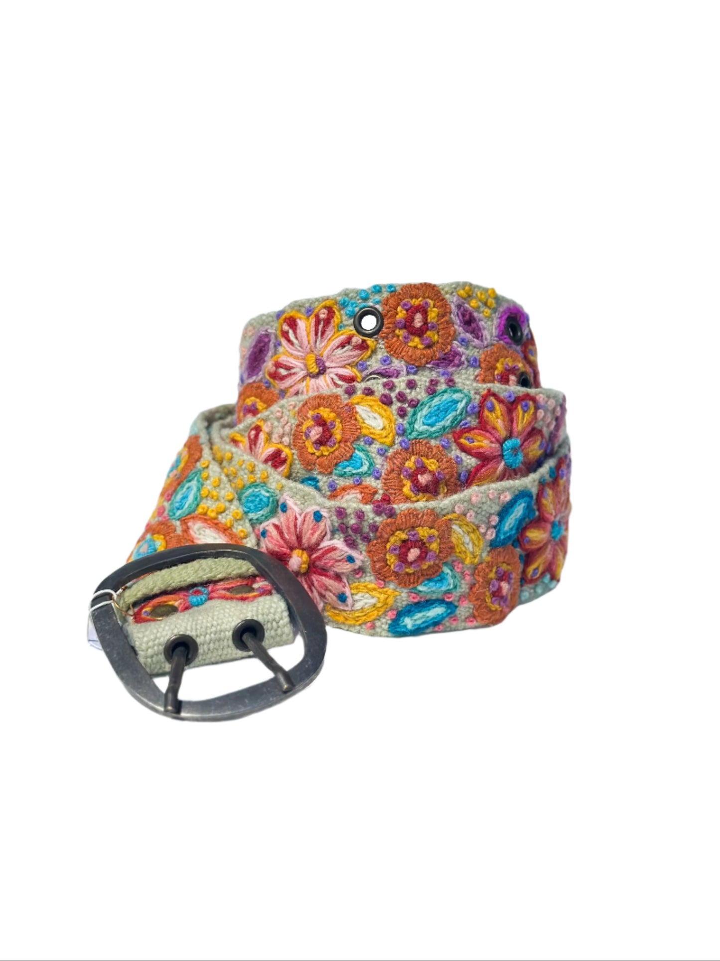 Floral patterned belt with a metal buckle on a white background