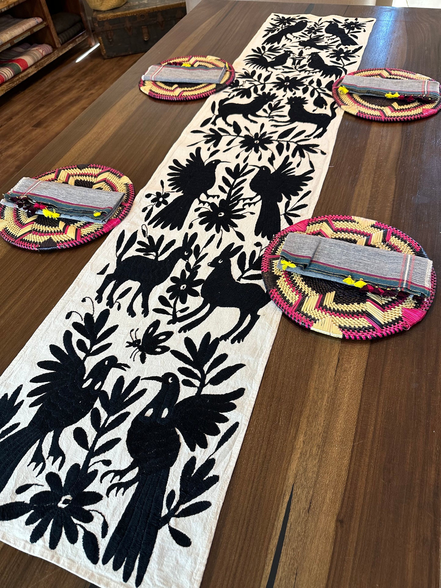 Otomi Embroidered Table Runner Bold Black