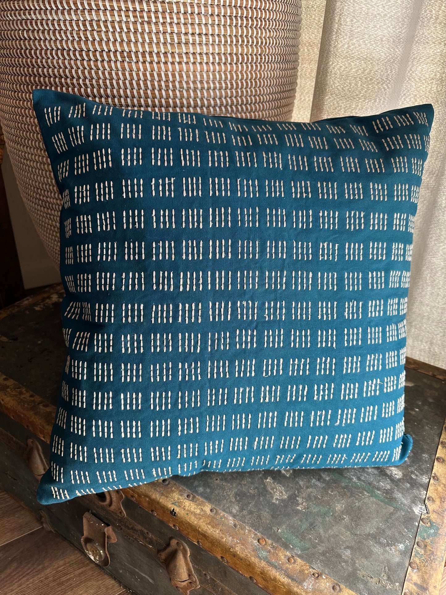 A Stitch in Time Embroidered Cushion Cover Blue Creme