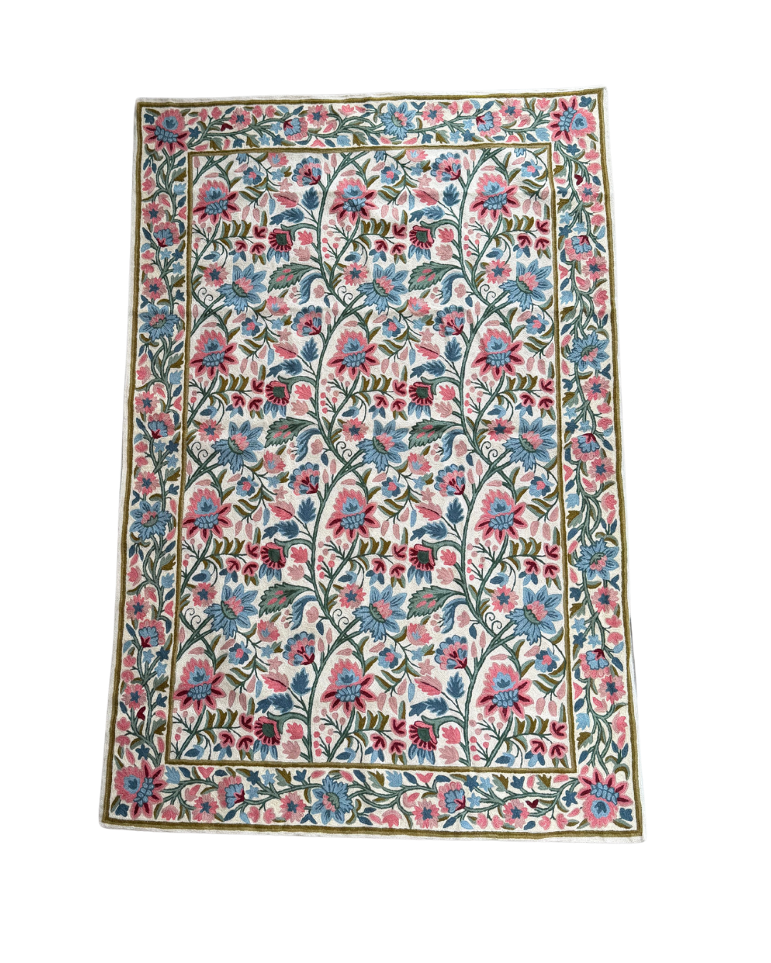 Floral patterned rug with pink, blue, and green colors on a white background
