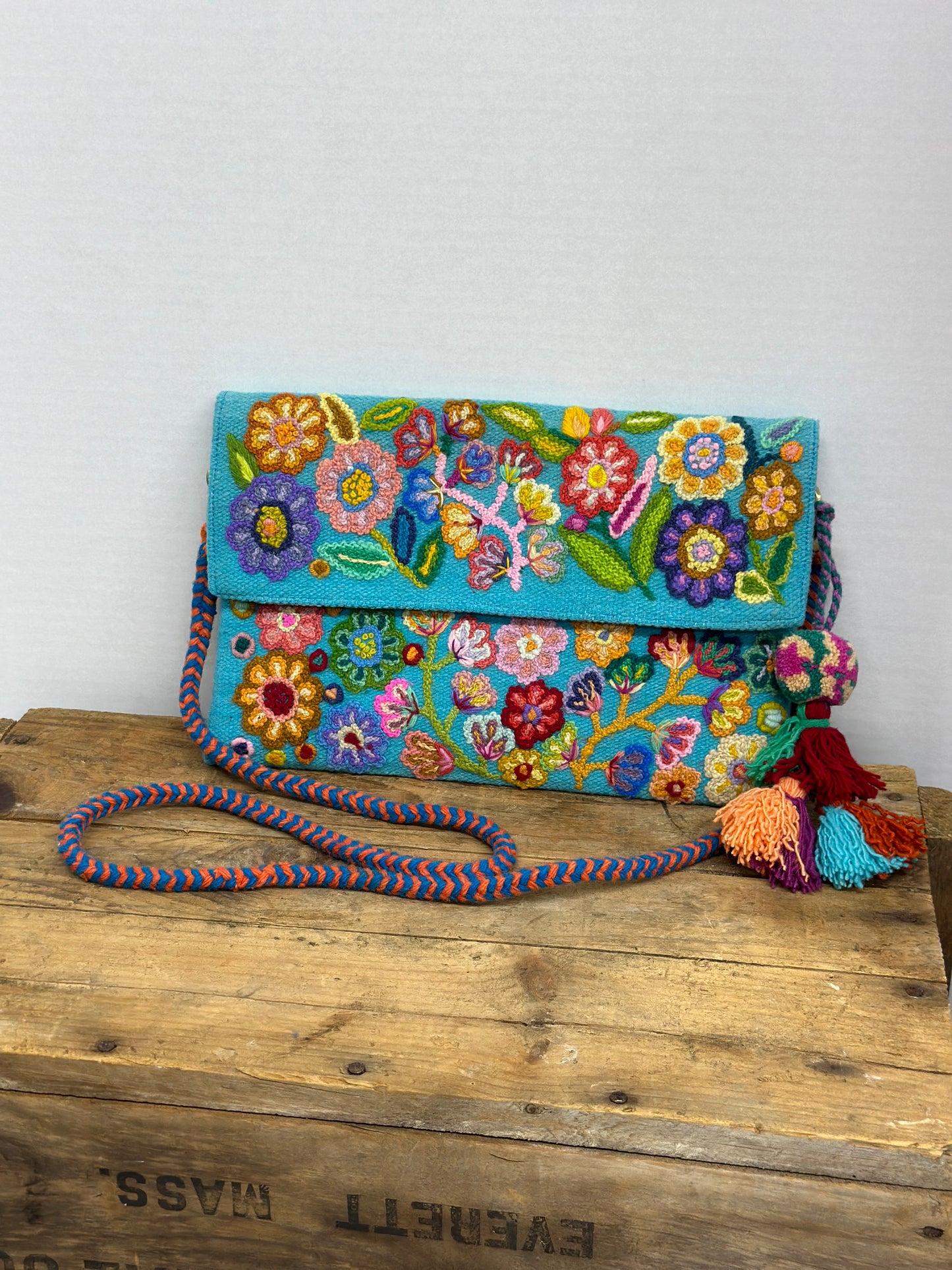 Embroidered Flap Crossbody Bag