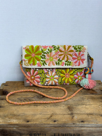 Embroidered Flap Crossbody Bag