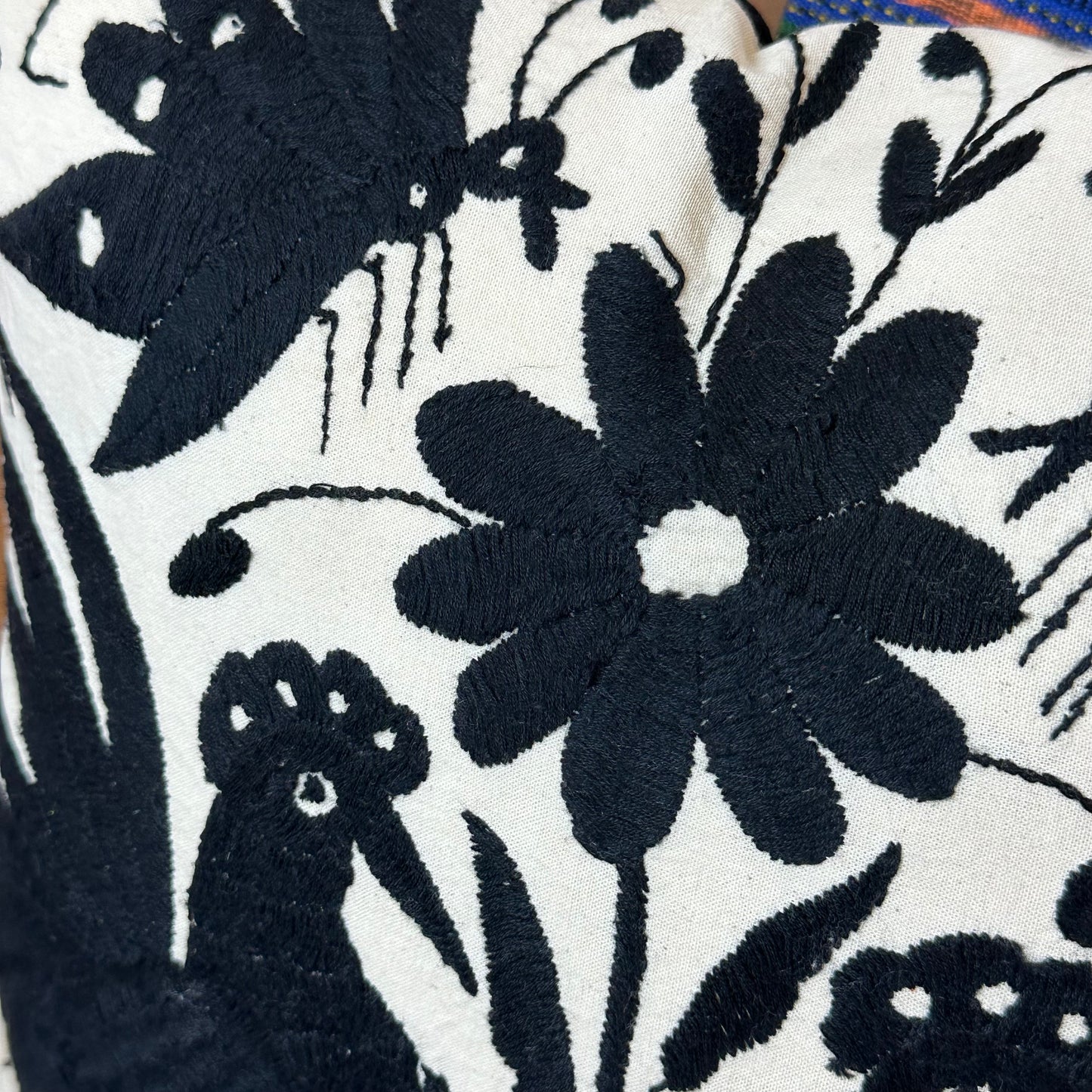 Otomi Embroidered Pillow Cover - Black & White Aves y Mariposa