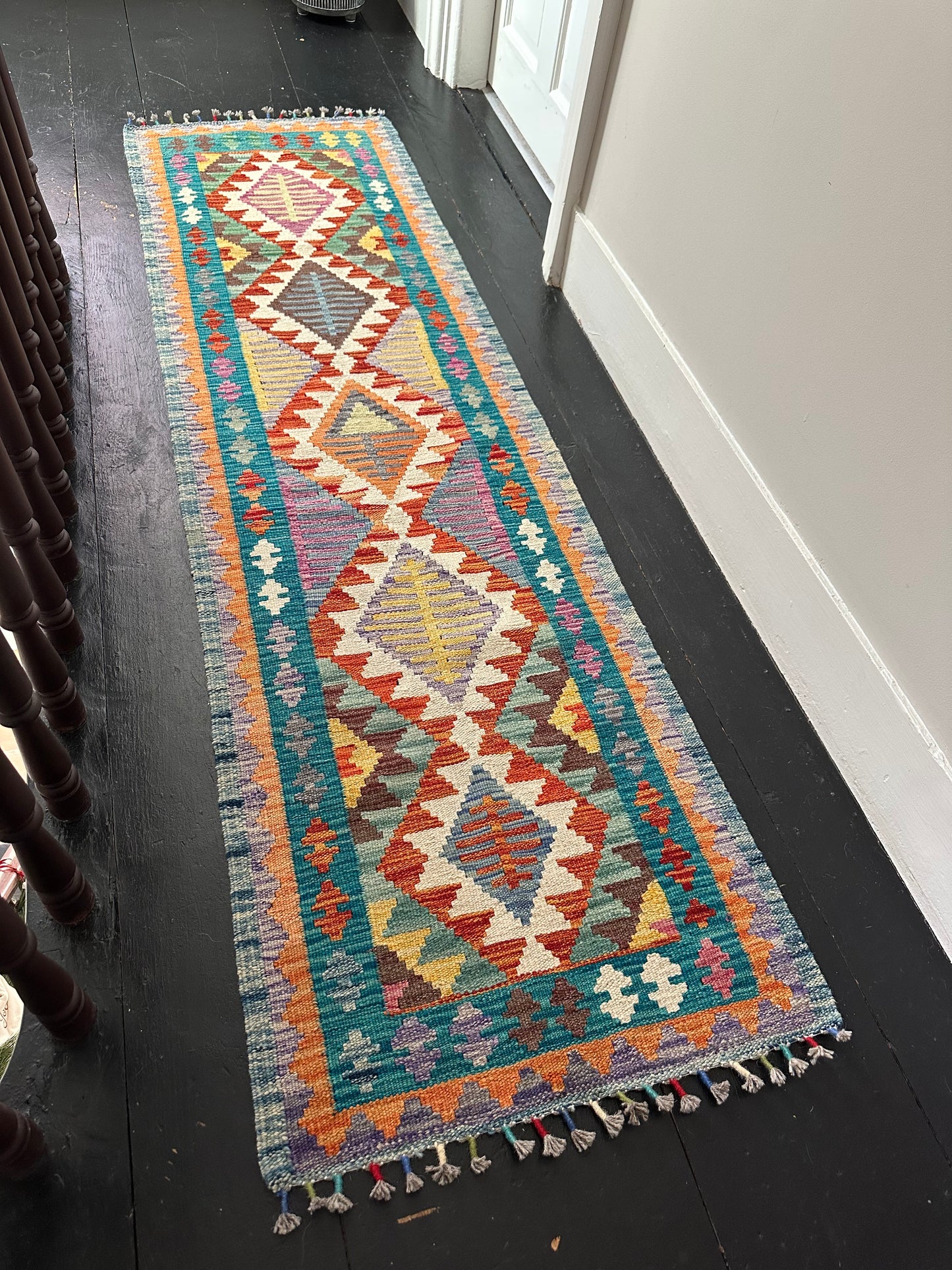 Wool Kilim Runner - Teal & Orange