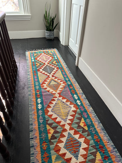 Wool Kilim Runner - Teal & Orange