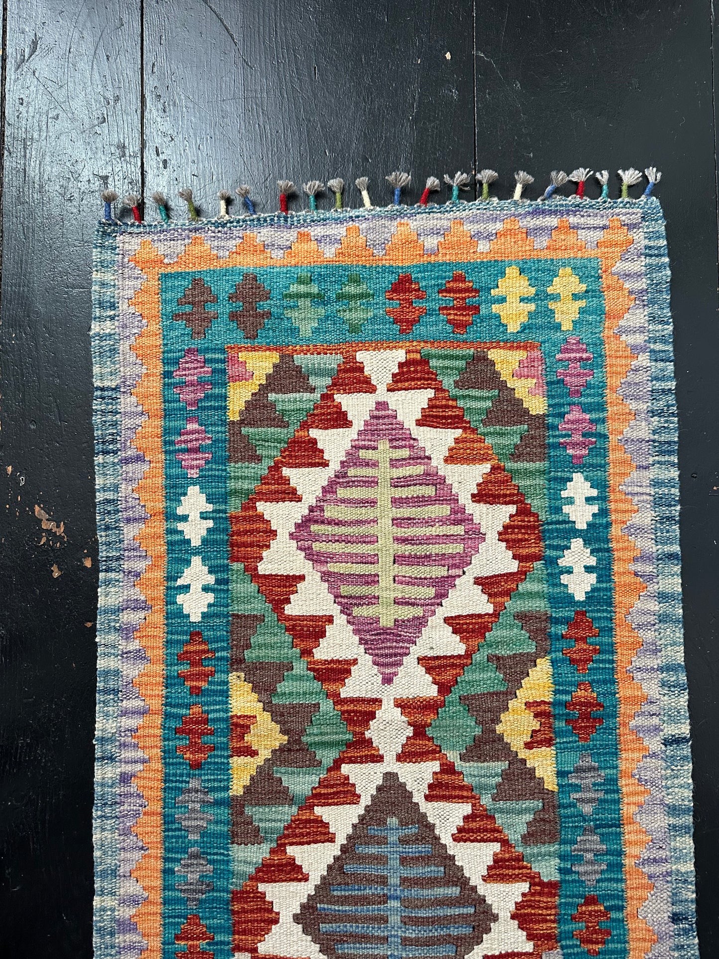 Wool Kilim Runner - Teal & Orange