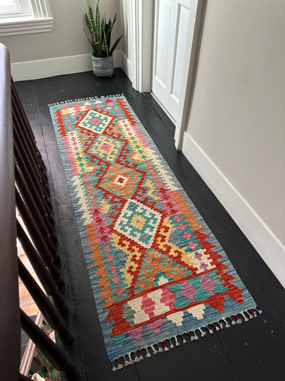 Wool Kilim Runner - Blue & Red