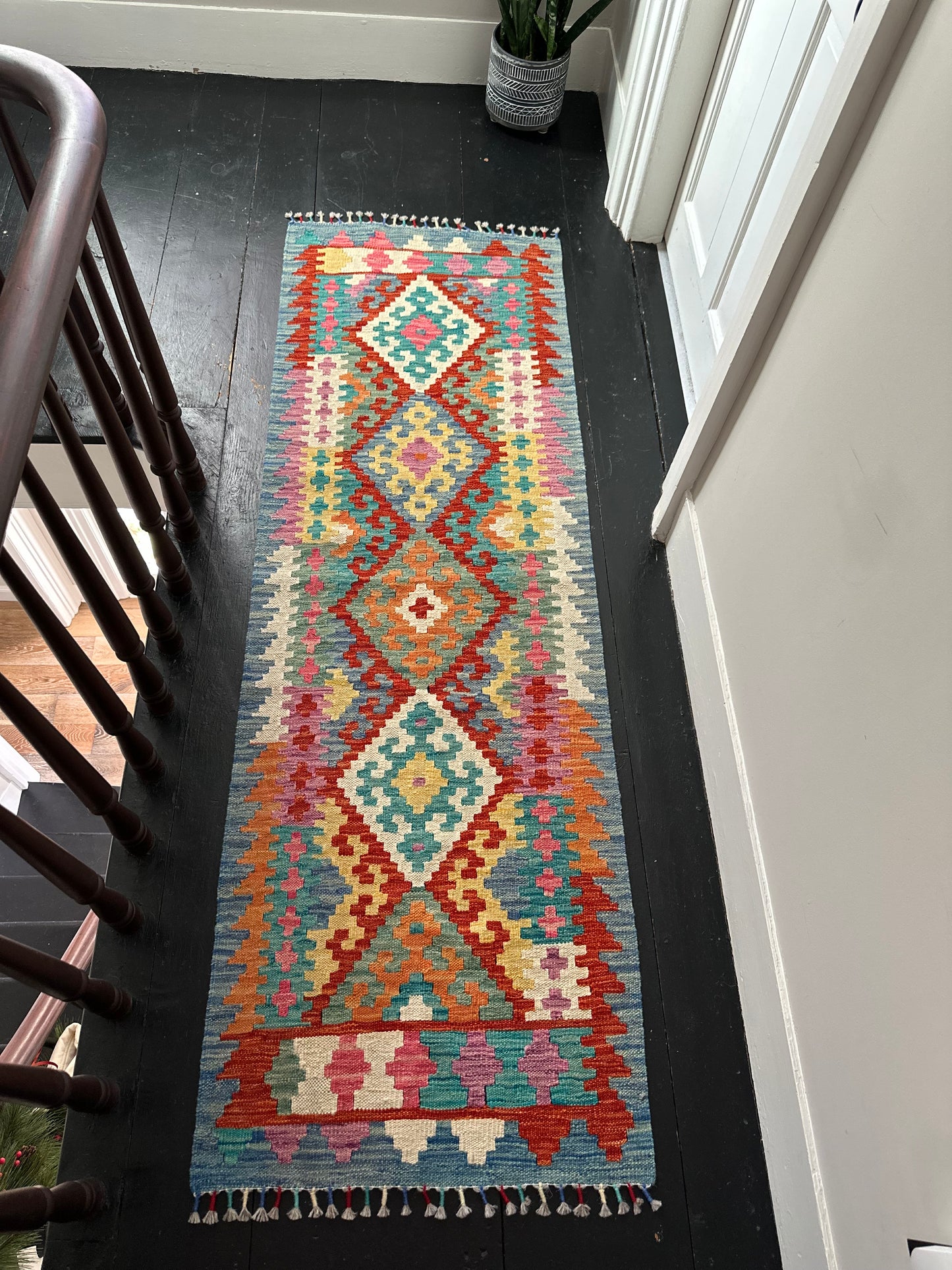 Wool Kilim Runner - Blue & Red