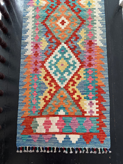 Wool Kilim Runner - Blue & Red