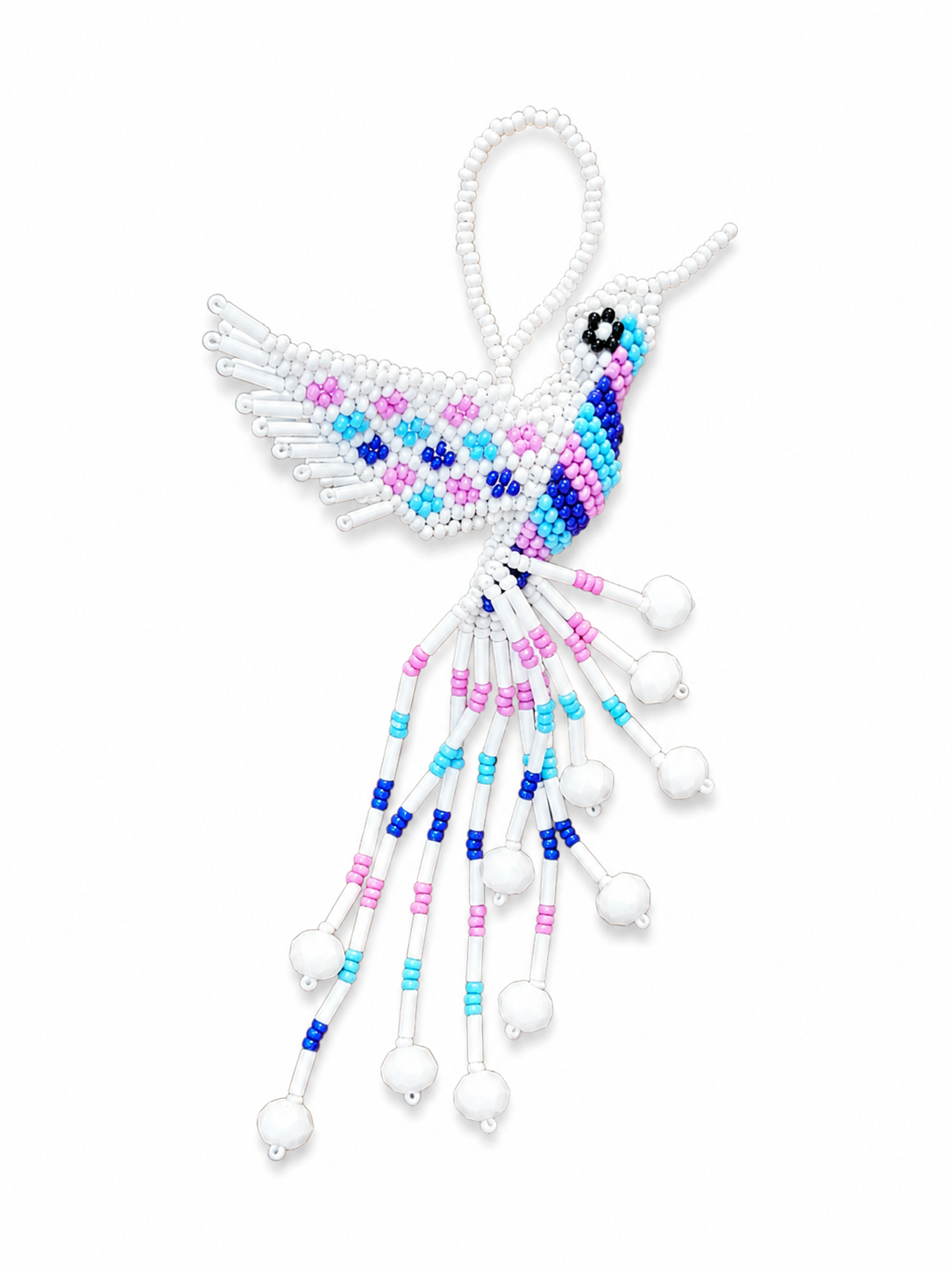Beaded hummingbird decoration on a white background