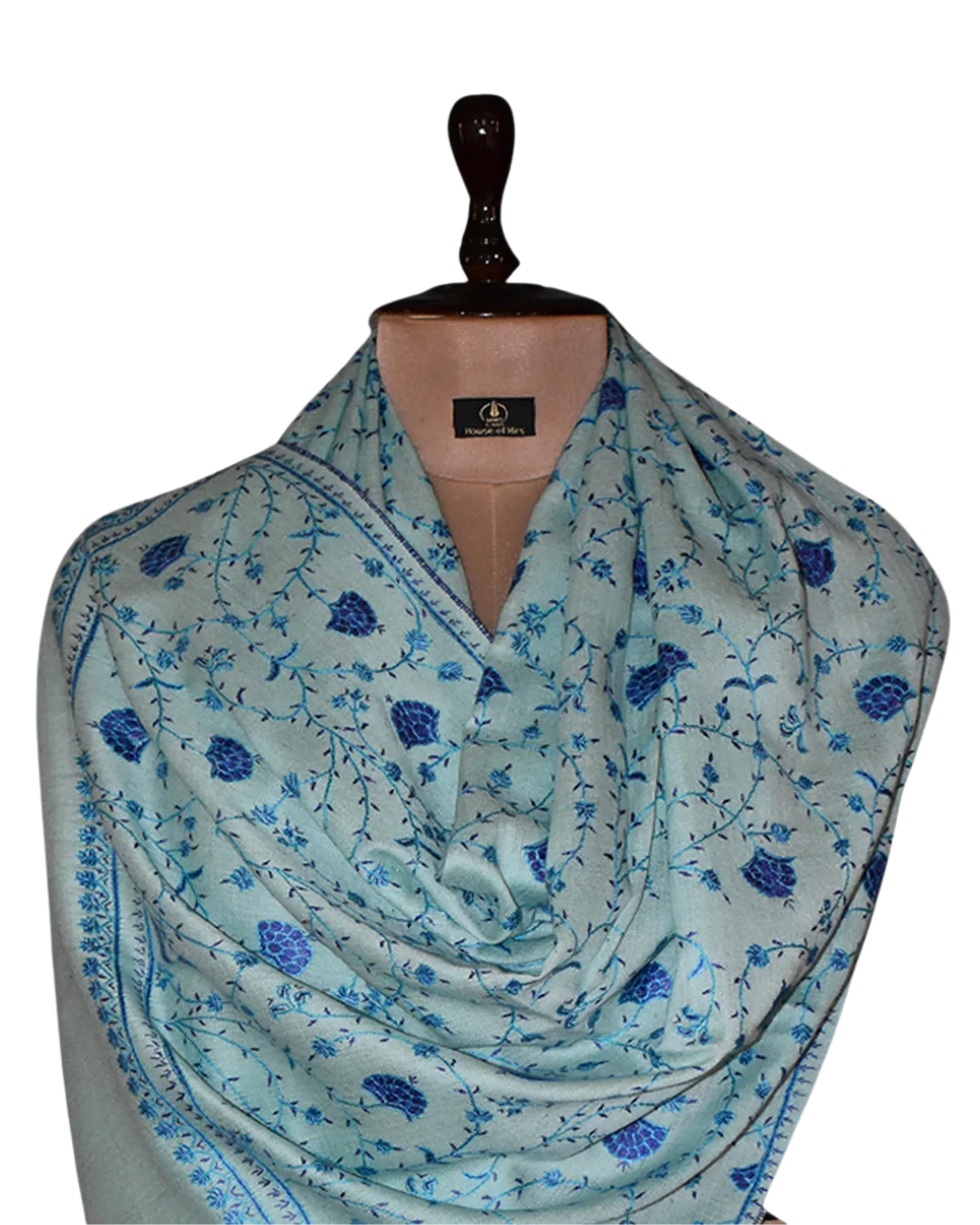 Wool Embroidered Stole - Aqua with Blue