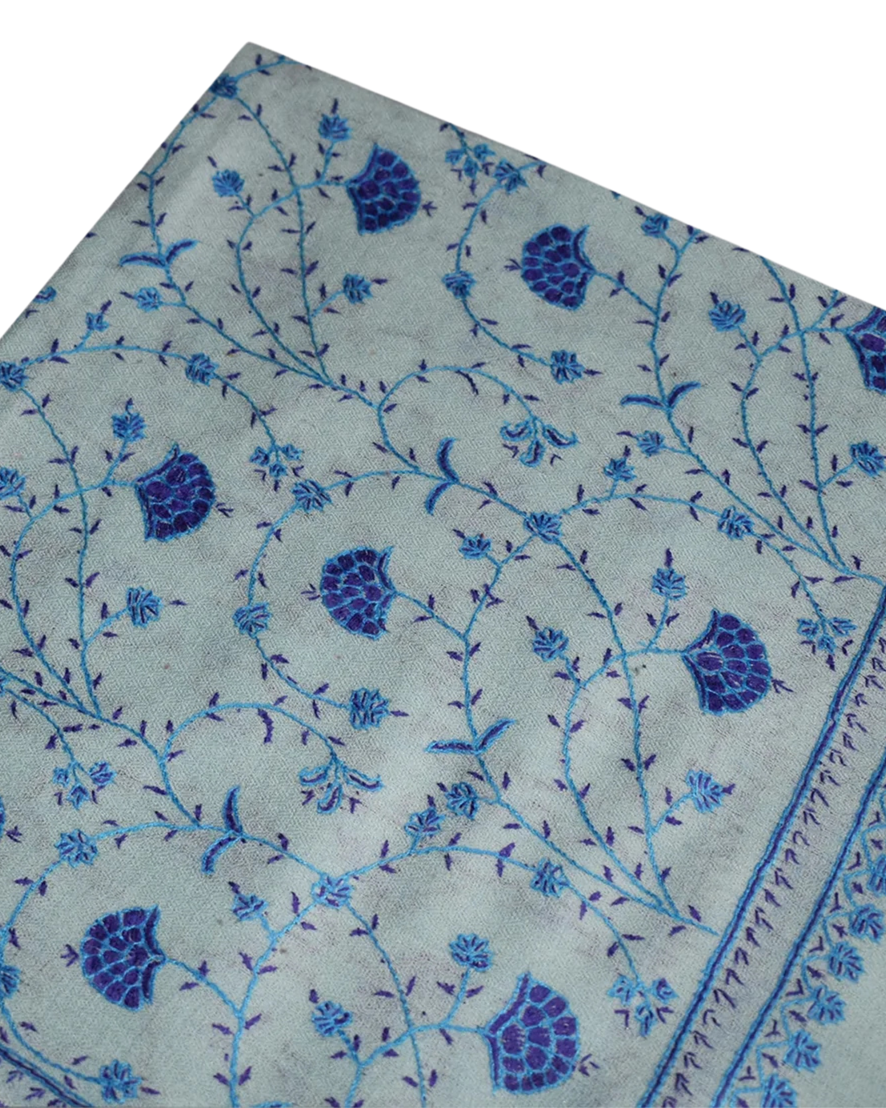 Wool Embroidered Stole - Aqua with Blue