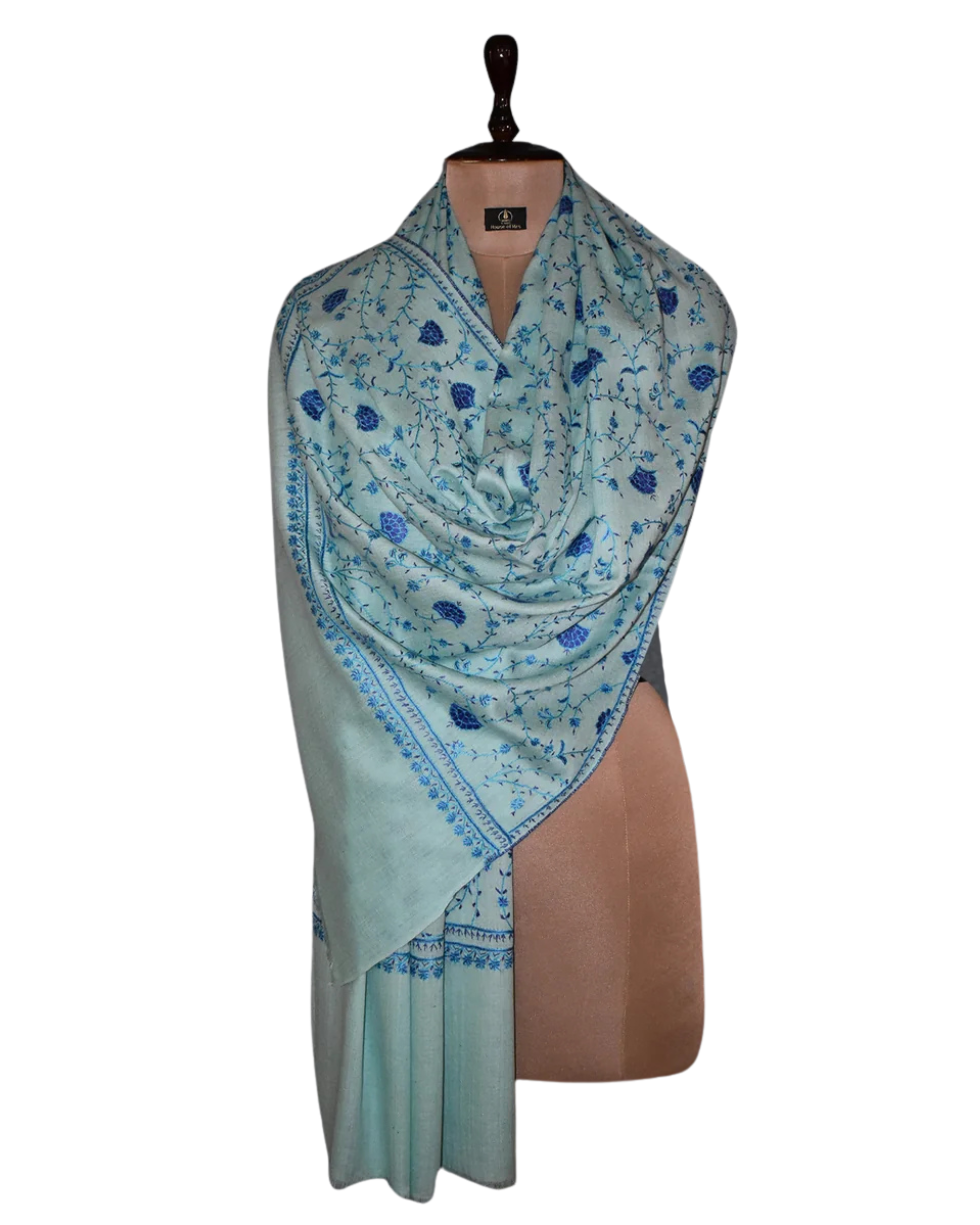 Wool Embroidered Stole - Aqua with Blue