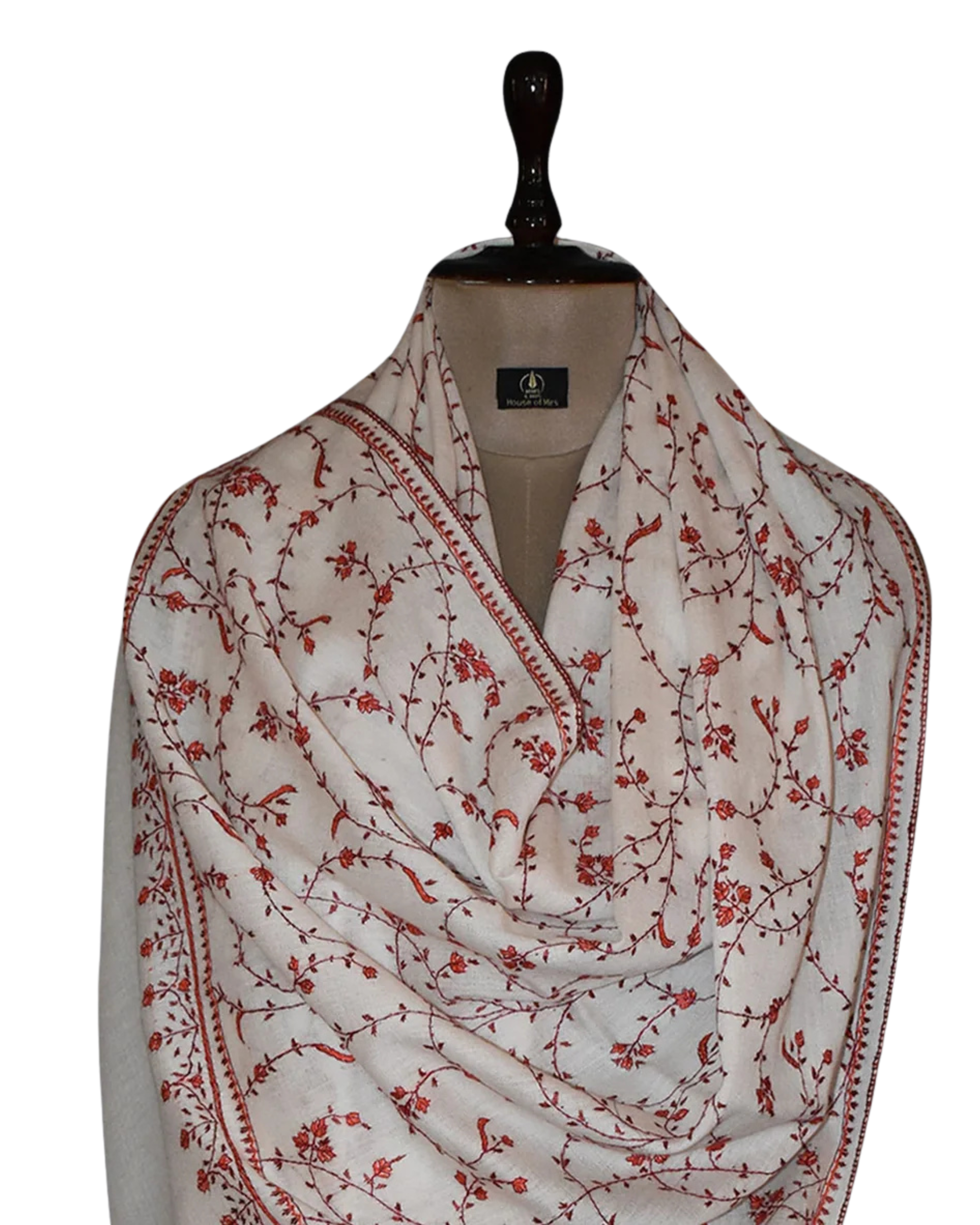 Wool Embroidered Stole - White with Red