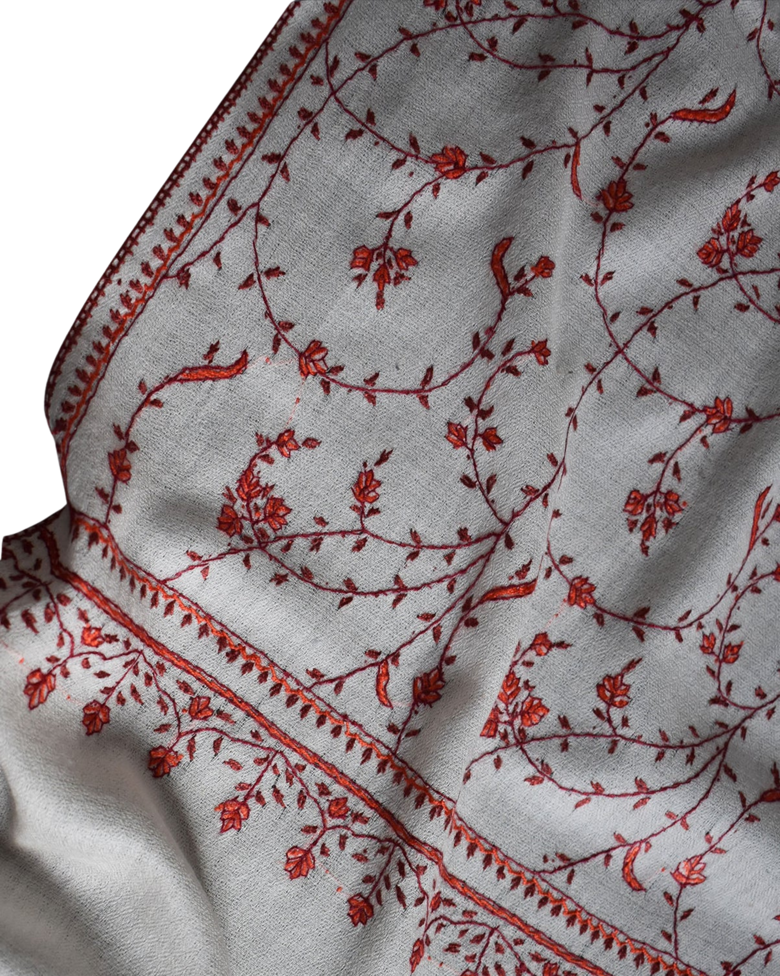 Wool Embroidered Stole - White with Red